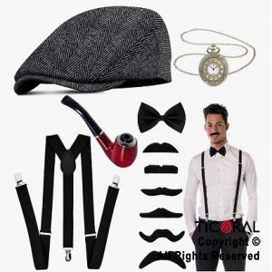 SET DISFRAZ DETECTIVE SOMBRERO TIRADORES MOO BIGOTE PIPA Y RELOJ DE BOLSILLO x 1